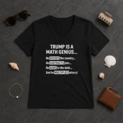 Top Trump Is A Math Genius He Divides The Country He Subtracts Jobs V Neck Shirt in white, soft fabric with short sleeves
