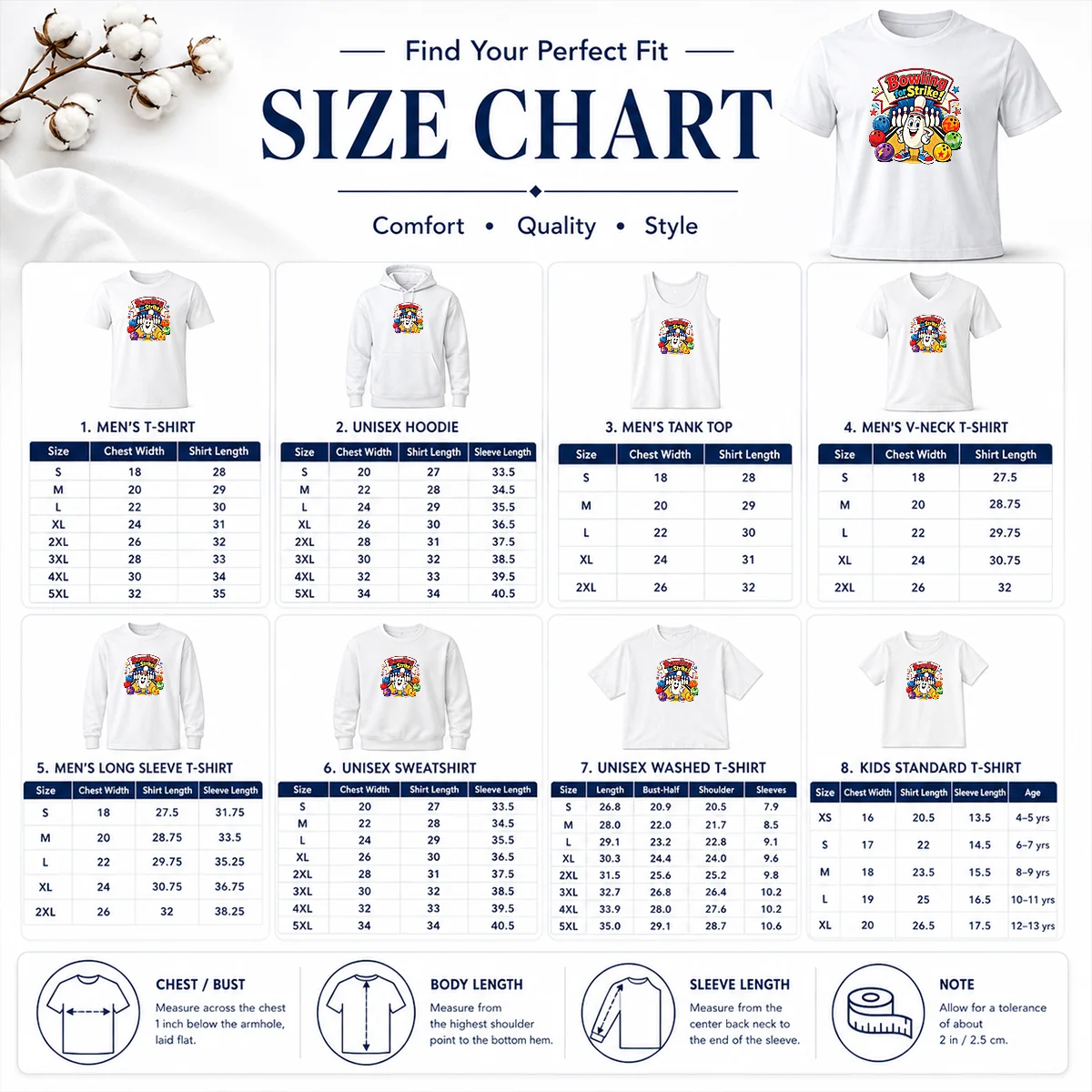 Awesome Bowling For Strike Cartoon Size Chart Size chart for Awesome Bowling For Strike Cartoon with measurements in inches and cm for accurate sizing