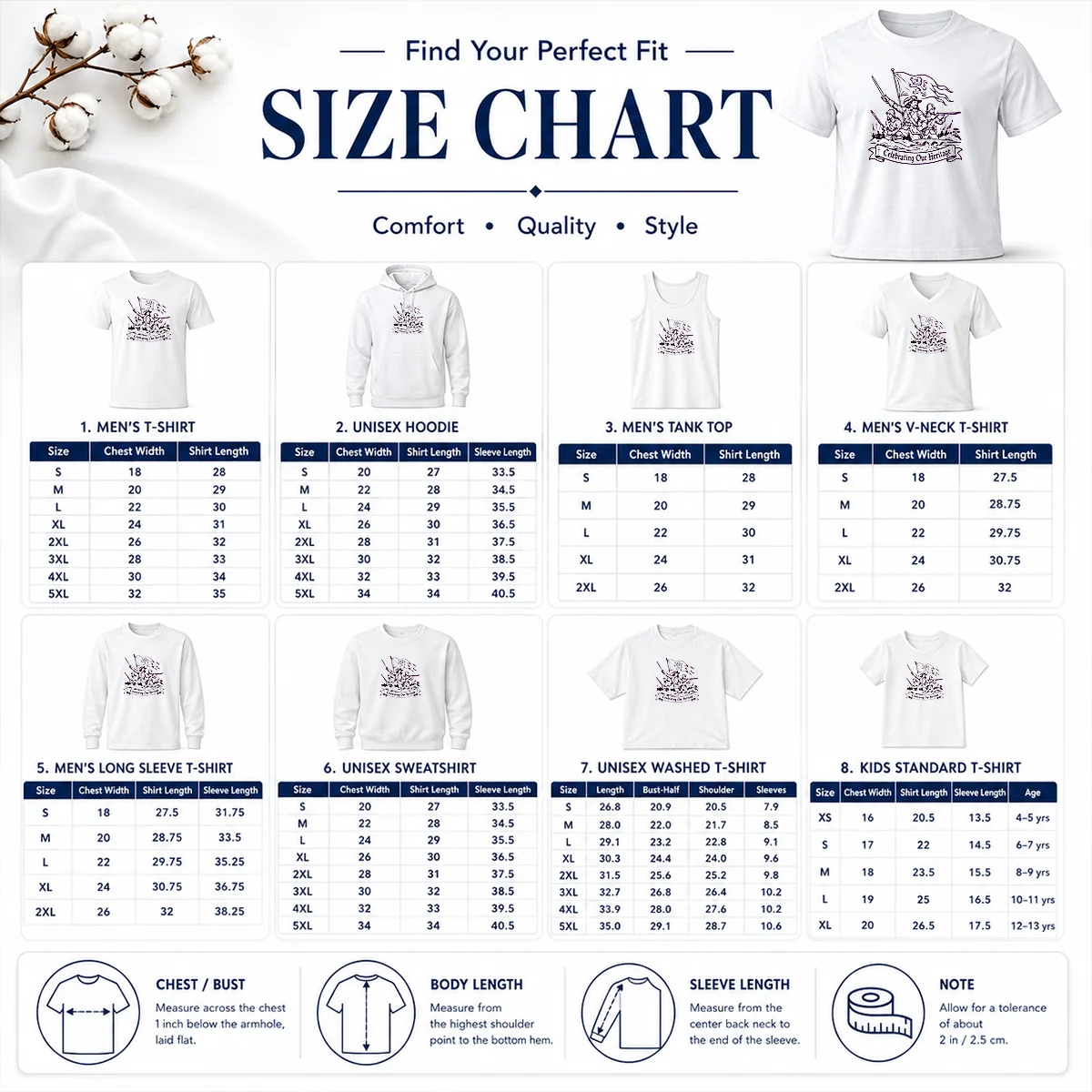 Awesome Celebrating Our Heritage Battle Of The Boyne Line Art Size Chart Size chart for Awesome Celebrating Our Heritage Battle Of The Boyne Line Art showing measurements in inches and cm