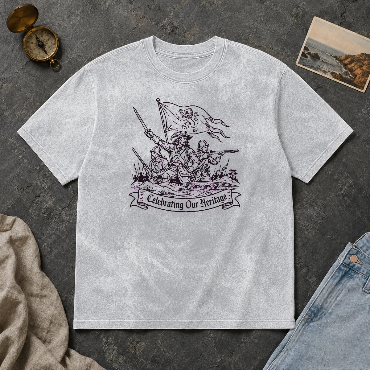 Awesome Celebrating Our Heritage Battle Of The Boyne Line Art Washed T Shirt Awesome Celebrating Our Heritage Battle Of The Boyne Line Art printed on a washed t shirt in neutral tones
