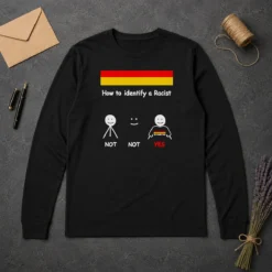 Awesome How To Identify A Racist long sleeve shirt in black with bold white text on front, displayed on a flat lay background