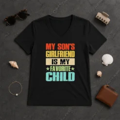 Awesome My Son'S Girlfriend Is My Favorite Child V Neck Shirt in dark gray with short sleeves and comfortable fit
