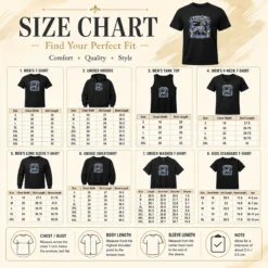 Size chart for Awesome Pretty OHCA National Specialty 2026 Hunting Dog Pride Retro with measurements in inches and cm