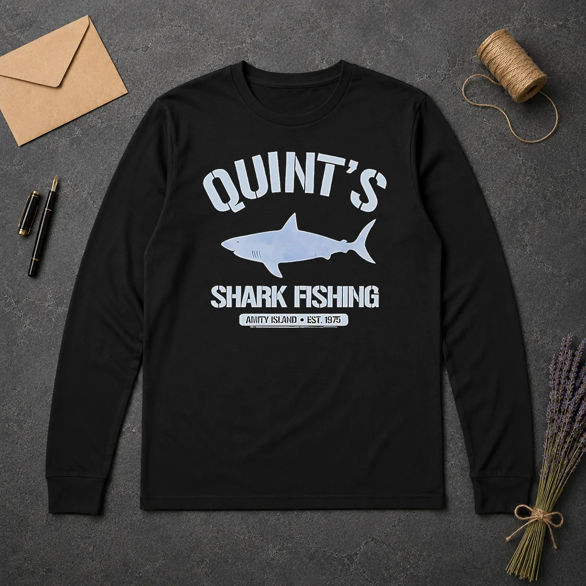 Awesome Quint'S Shark Fishing Amity Island Est 1975 Detailed Shark Long Sleeve Shirt Awesome Quint'S Shark Fishing Amity Island Est 1975 Detailed Shark Long Sleeve Shirt