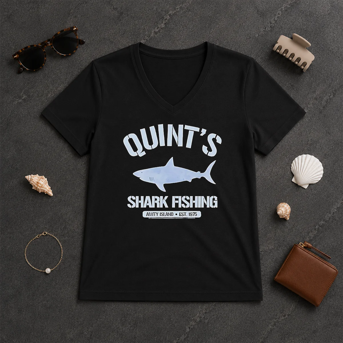 Awesome Quint'S Shark Fishing Amity Island V-Neck Shirt Awesome Quint'S Shark Fishing Amity Island V-Neck Shirt