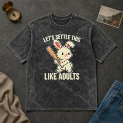 Awesome Rabbit Holding Baseball Bat Let'S Settle This Like Adults printed on a soft washed t shirt in light gray