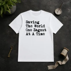 Awesome Saving The World One Zagnut At A Time t shirt in classic fit, white cotton tee with bold graphic