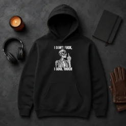 Awesome Skeleton I Dont Fck I Soul Touch Hoodie in black, displayed front view with drawstring hood and kangaroo pocket