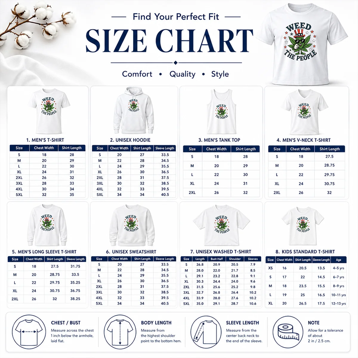 Awesome Weed The People Cannabis Uncle Sam Character Patriotic Leaf Symbol Size Chart Size chart for Awesome Weed The People Cannabis Uncle Sam Character Patriotic Leaf Symbol with measurements in inches and cm
