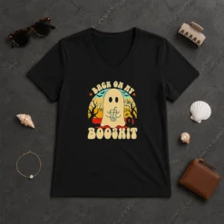 Funny Awesome Back On My Booshit Retro Ghost Drinking Boba Tea V Neck Shirt in white cotton fabric
