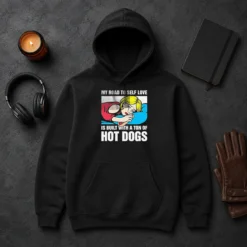 Funny My Road To Self Love Is Built With A Ton Of Hot Dogs Hoodie in black, cozy pullover with front pocket and drawstring hood