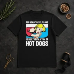 Funny My Road To Self Love Is Built With A Ton Of Hot Dogs t shirt featuring bold text on a classic crew neck cotton tee