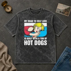 Funny My Road To Self Love Is Built With A Ton Of Hot Dogs Washed T-Shirt