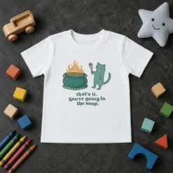 Funny Official Cat Holding Spoon Next To Cauldron You'Re Going In The Soup Kids T-Shirt