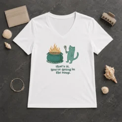 Funny Official Cat Holding Spoon Next To Cauldron You're Going In The Soup V Neck Shirt in dark color showing front graphic