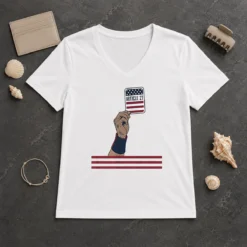 Funny USA Article 27 Card V Neck Shirt showing patriotic graphic on a comfortable fitted V neck tee