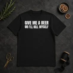 Good Give Me A Beer Or I'Ll Kill Myself Drinking t shirt in black, short sleeve cotton tee