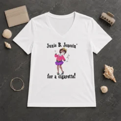 Good Junie B. Jonesin' For A Cigarette V Neck Shirt in charcoal grey, soft fabric with short sleeves