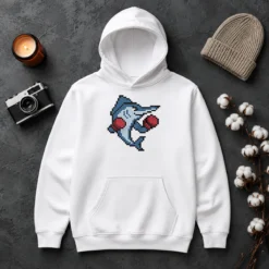 Good Miami Marlins Mascot Wearing Gloves El Caballo Pixel Style Hoodie in navy blue with pixel art mascot design