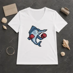 Good Miami Marlins Mascot Wearing Gloves El Caballo Pixel Style V Neck Shirt with pixel art design on a comfortable v neck garment