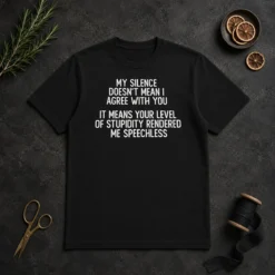 Good My Silence Doesn'T Mean I Agree With You It Means Your Level Of Stupidity Rendered Me Speechless t shirt in black, front view with bold white text