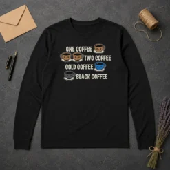 Good One Coffee Two Coffee Long Sleeve Shirt in black with white text design, front view