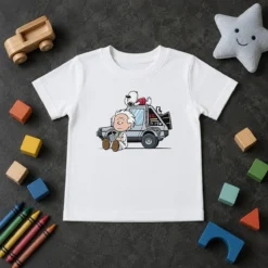 Good Premium Doc Brown Snoopy Back To The Future Mashup Delorean Time Machine Cartoon Kids T Shirt featuring colorful graphic on a short sleeve kids tee