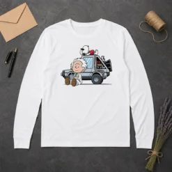Good Premium Doc Brown Snoopy Back To The Future Mashup Delorean Time Machine Cartoon long sleeve shirt front view