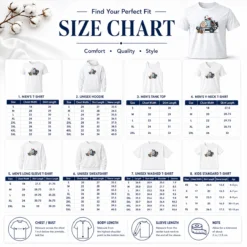Size chart for Good Premium Doc Brown Snoopy Back To The Future Mashup Delorean Time Machine cartoon tee with measurements in inches and cm