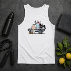 Good Premium Doc Brown Snoopy Back To The Future Mashup Delorean Time Machine Cartoon Tank Top