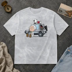 Good Premium Doc Brown Snoopy Back To The Future Mashup Delorean Time Machine Cartoon Washed T Shirt featuring vintage washed fabric and colorful graphic print