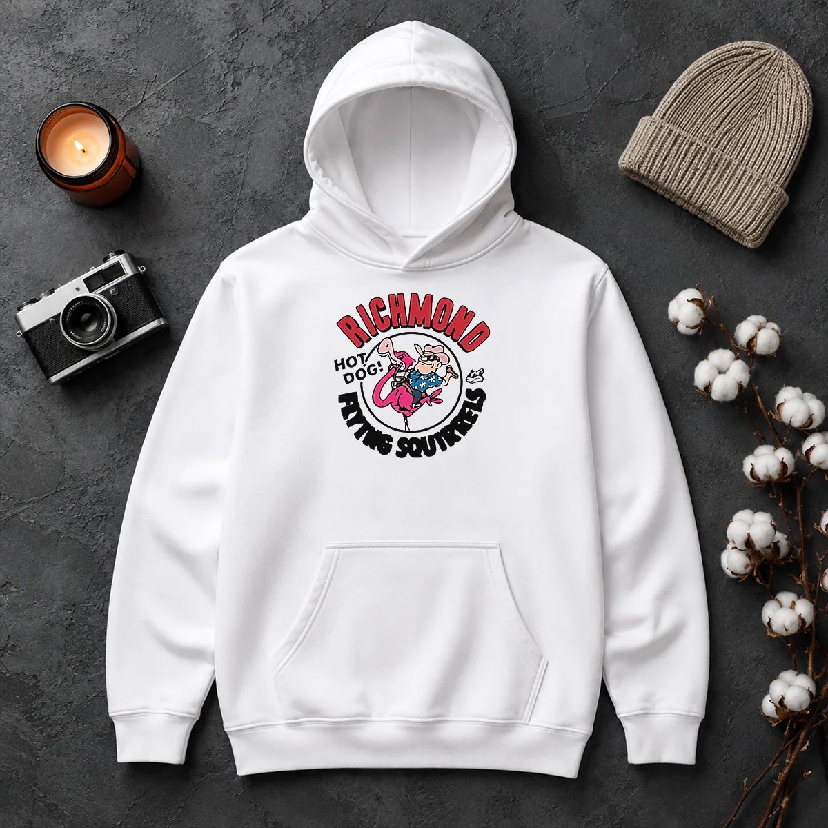 Good Richmond Flying Squirrels Hot Dog Flamingo Hoodie Good Richmond Flying Squirrels Hot Dog Flamingo Hoodie in charcoal gray with front kangaroo pocket and adjustable drawstring hood