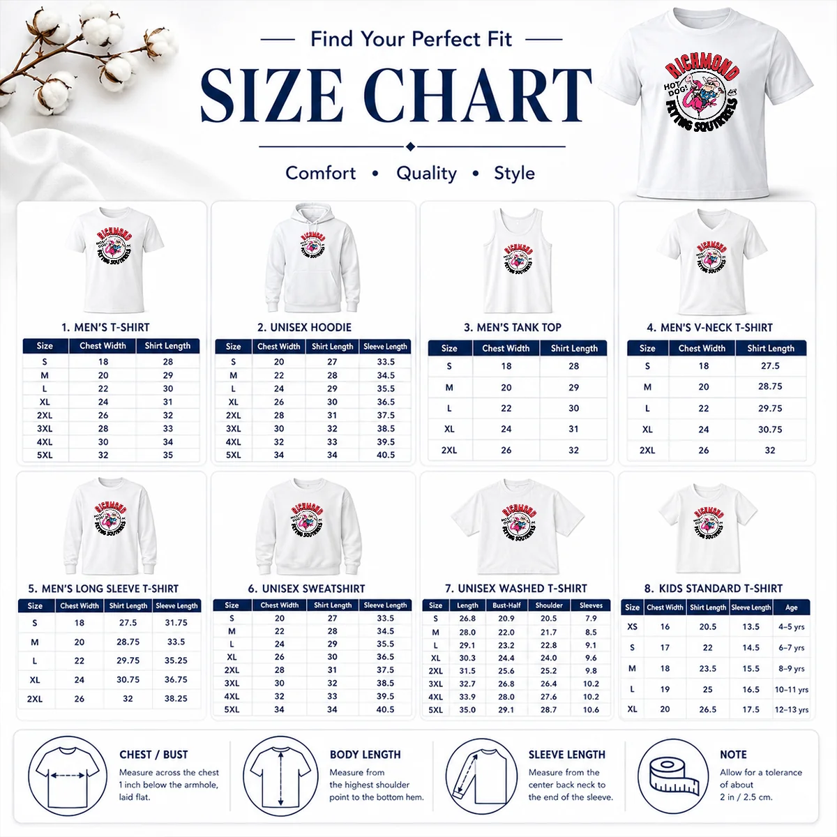 Good Richmond Flying Squirrels Hot Dog Flamingo Size Chart Size chart for Good Richmond Flying Squirrels Hot Dog Flamingo showing measurements in inches and cm