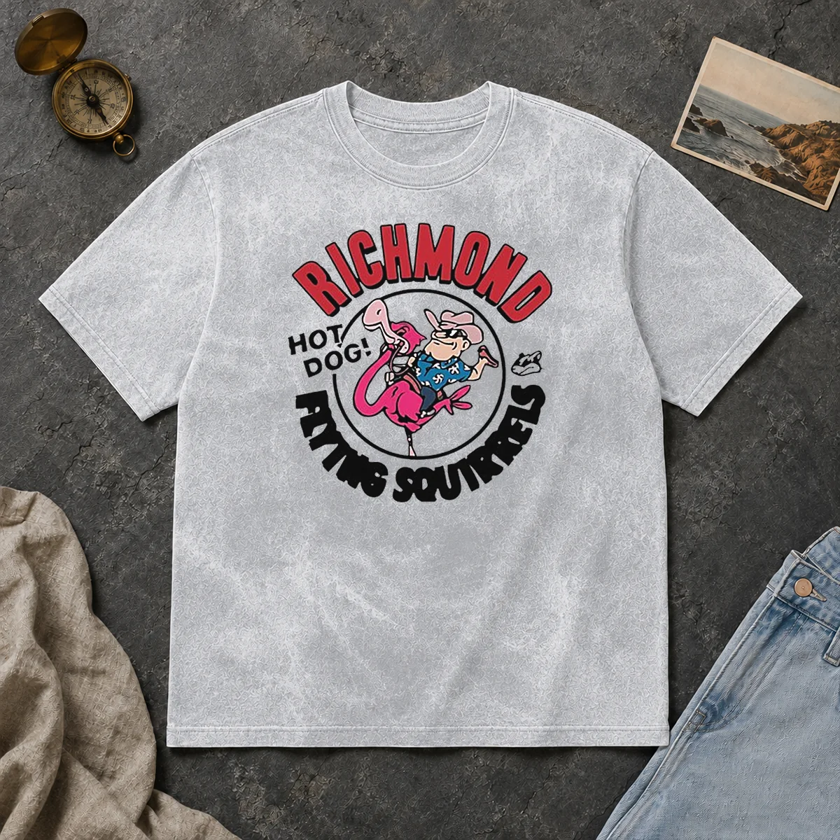 Good Richmond Flying Squirrels Hot Dog Flamingo Washed T Shirt Good Richmond Flying Squirrels Hot Dog Flamingo washed t shirt in soft cotton fabric, featuring vibrant graphic print