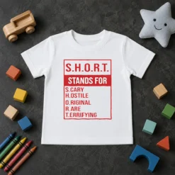 Good Short Stands For Scary Hostile Original Rare Terrifying Kids T Shirt in bright colors, displayed on a child-sized garment