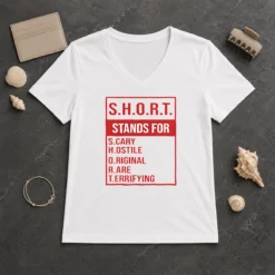 Good Short Stands For Scary Hostile Original Rare Terrifying V Neck Shirt in dark color, short sleeves, lightweight fabric