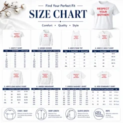 Size chart for Happy Good Shania Twain Respect Your Mother with measurements in inches and cm