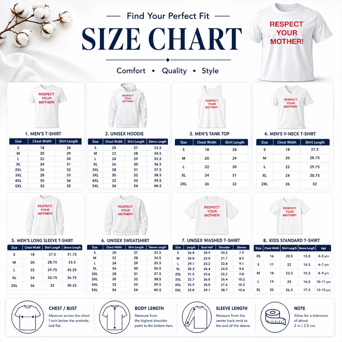 Happy Good Shania Twain Respect Your Mother Size Chart Size chart for Happy Good Shania Twain Respect Your Mother with measurements in inches and cm