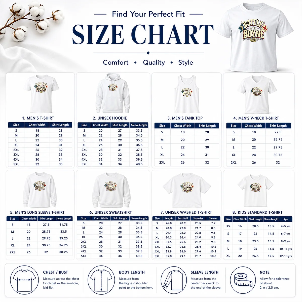Hot Battle Of The Boyne Pride Retro Distressed Size Chart Size chart for Hot Battle Of The Boyne Pride Retro Distressed with measurements in inches and cm