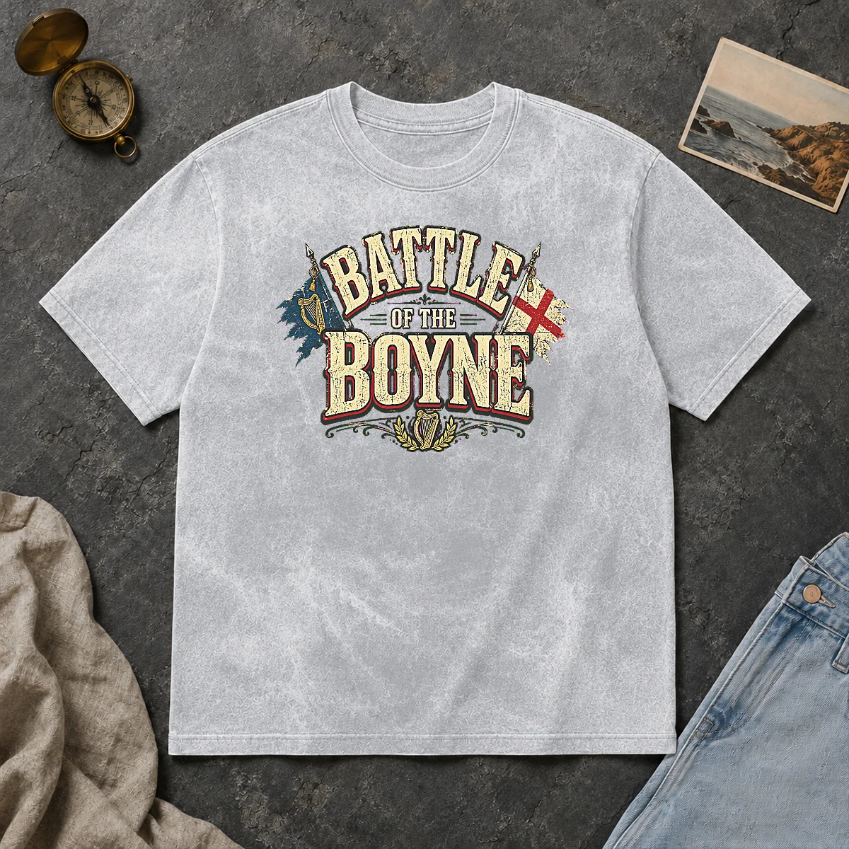 Hot Battle Of The Boyne Pride Retro Distressed Washed T Shirt Hot Battle Of The Boyne Pride Retro Distressed Washed T Shirt showing vintage style on soft, washed cotton fabric