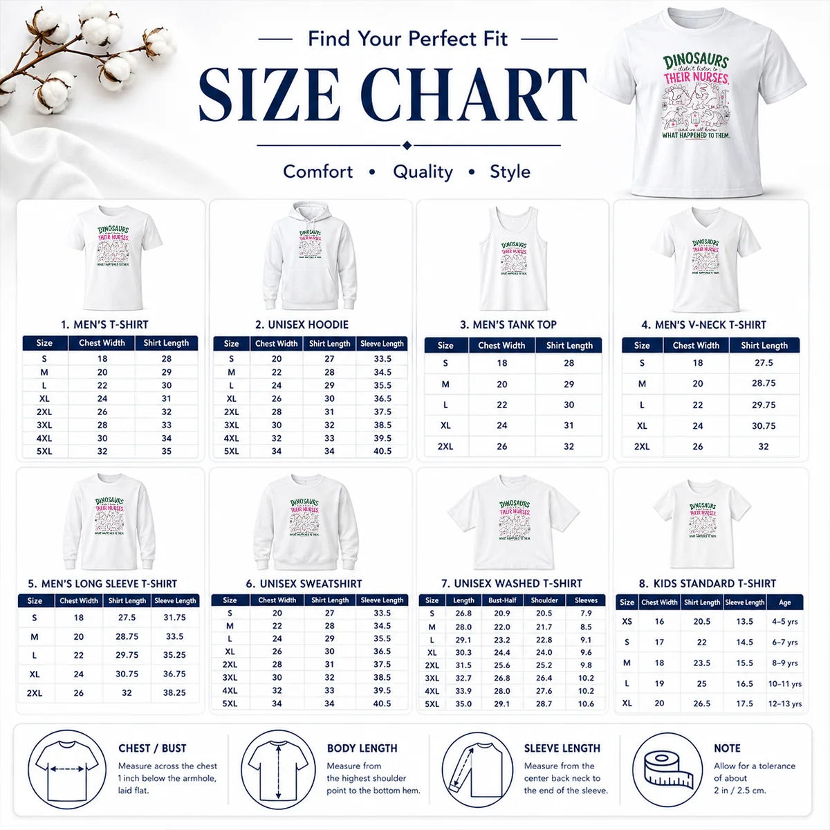 Hot Dinosaurs Didnt Listen To Their Nurses Size Chart Size chart for Hot Dinosaurs Didnt Listen To Their Nurses showing garment measurements in inches and cm