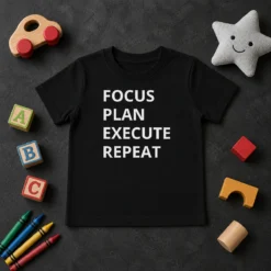 Hot Focus Plan Execute Repeat kids t shirt in blue, featuring bold white text design on front, short sleeves