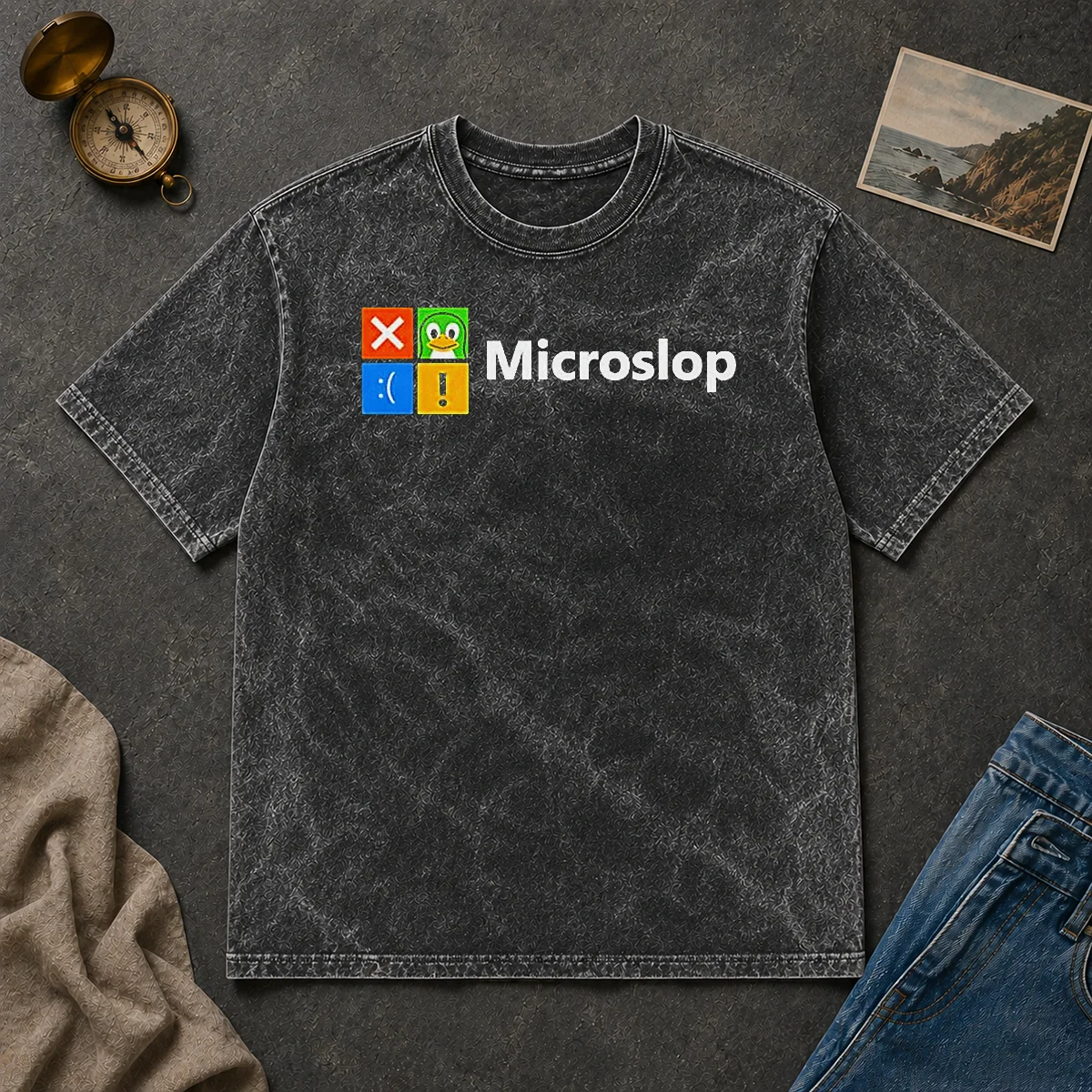 Hot Funny Microslop Logo Parody Washed T Shirt Hot Funny Microslop Logo Parody Washed T-Shirt