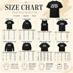 Size chart for Hot Jacked Old Guy showing measurements in inches and centimeters