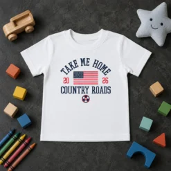 Hot Official USA Take Me Home Country Roads 2026 Kids T Shirt in white, featuring colorful country roads graphic