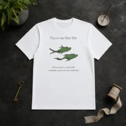 Hot Original Dr Seuss Parody One Blue Fish Two Green Fish Love Meme Yellow Graphic t shirt in bright yellow color with bold print