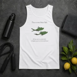 Hot Original Dr Seuss Parody One Blue Fish Two Green Fish Love Meme Yellow Graphic Tank Top