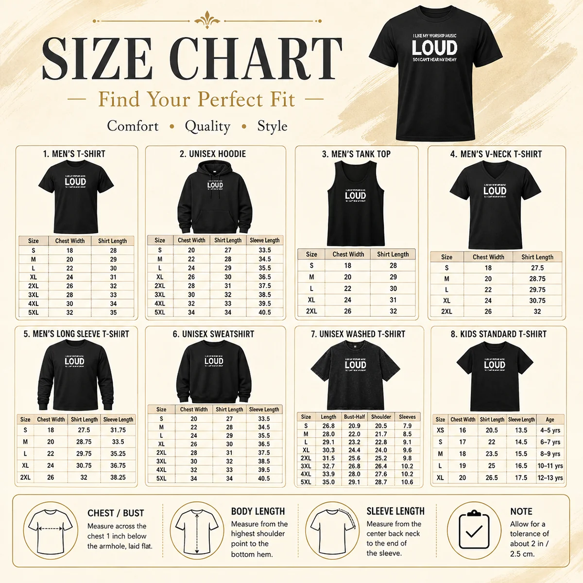 Hot Original I Like My Worship Music Loud So I Can'T Hear My Enemy Size Chart Size chart for Hot Original I Like My Worship Music Loud So I Can'T Hear My Enemy with measurements in inches and cm