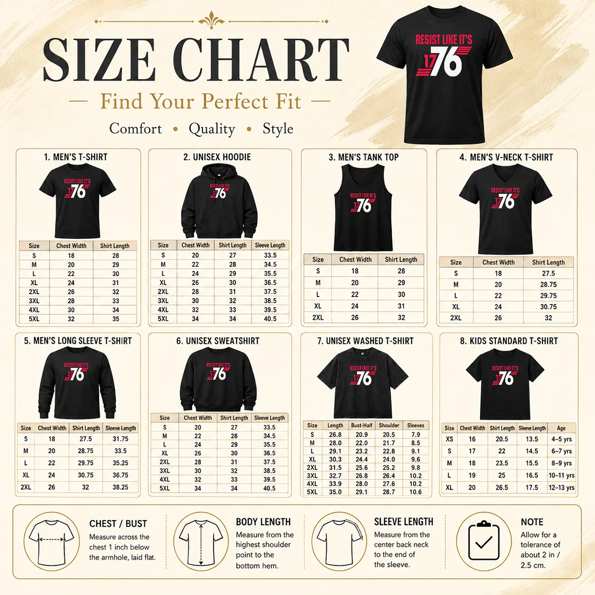 Hot Resist Like It'S 1776 American Revolution Size Chart Size chart for Hot Resist Like It'S 1776 American Revolution shirt with measurements in inches and cm