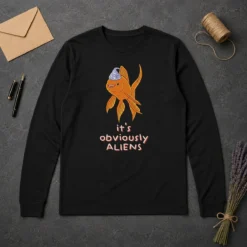 Hot Top Goldfish Wearing Tin Foil Hat It Is Obviously Aliens long sleeve shirt in black with graphic print